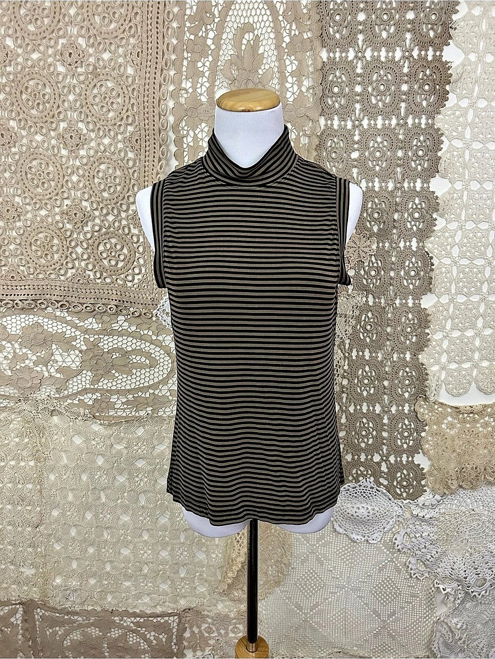 Vintage 90s Striped Sleeveless Tunic Black & Brown Small turtleneck - Chico's